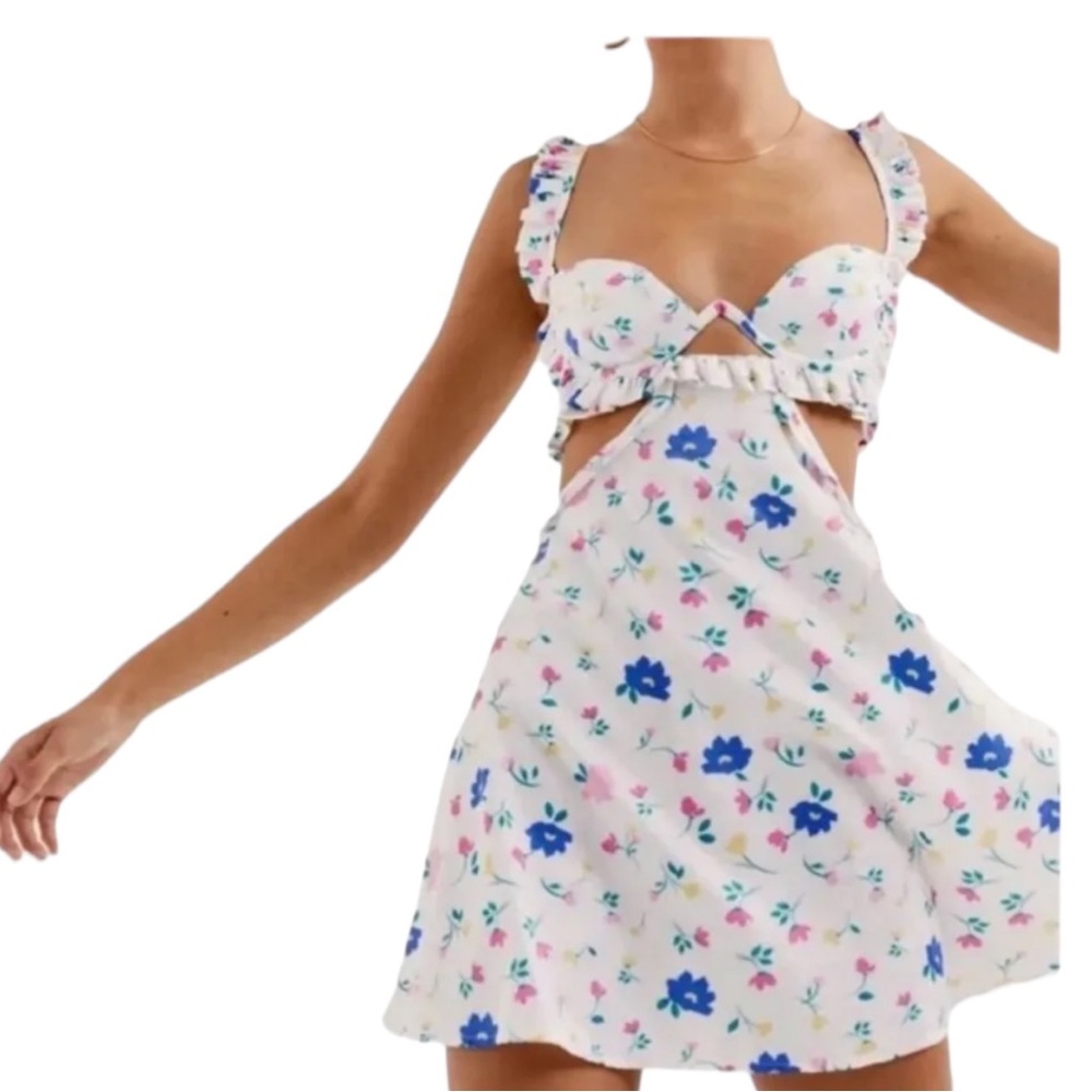 For Love And Lemons White Mini Dress with Blue and Pink Floral Print